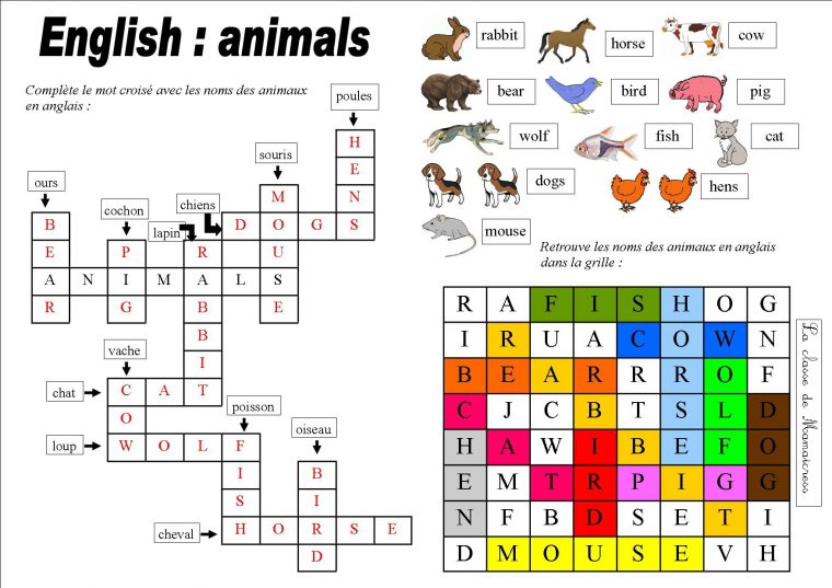 Anglais : Le Nom Des Animaux – La Classe De Mamaicress destiné Mot Croisé En Anglais