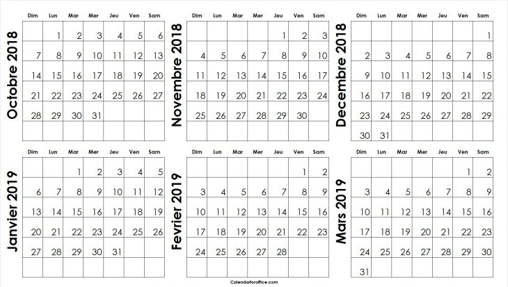 Blanc Octobre 2018 A Mars 2019 Calendrier Modèle De Mensuel destiné Calendrier Mars 2018 À Imprimer