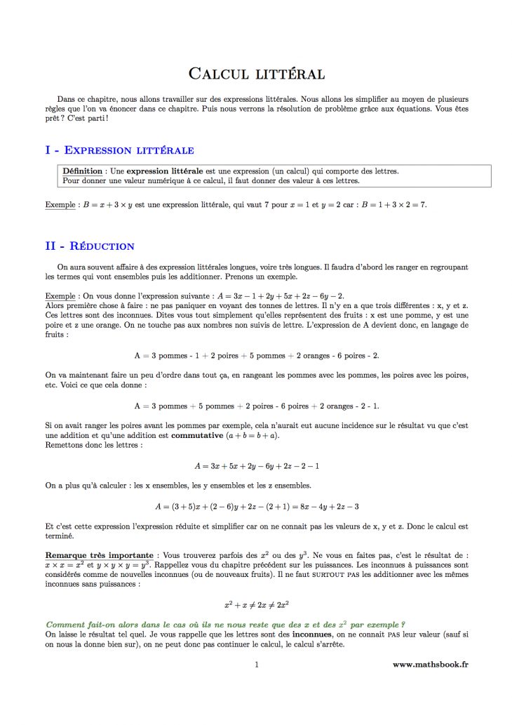 Calcul Littéral : Cours Pdf À Imprimer | Maths 4Ème encequiconcerne Exercice De Math A Imprimer