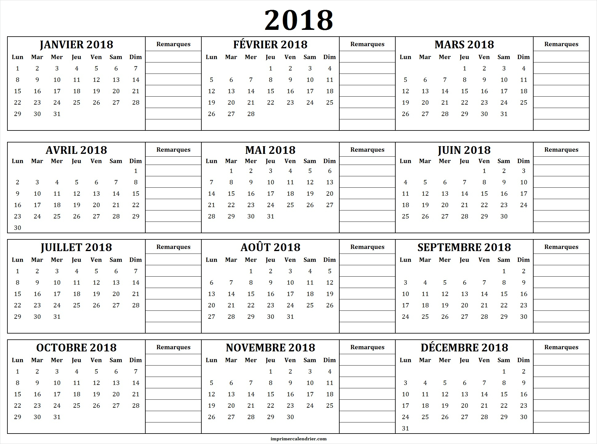 Calendrier 2018 À Imprimer Gratuit | Calendrier Pour Imprimer pour Calendrier 2018 À Télécharger Gratuit 