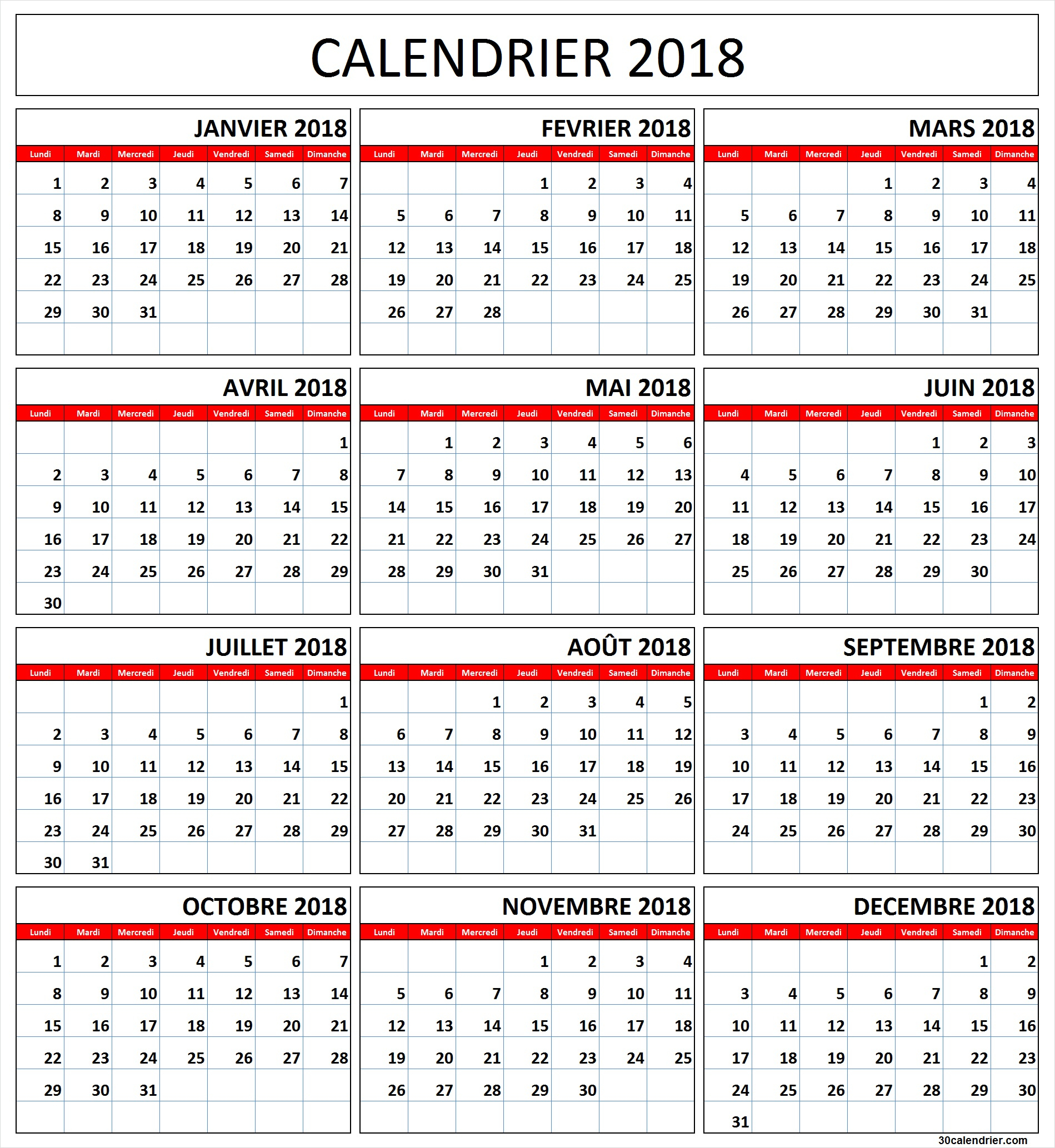 Calendrier 2018 À Imprimer Gratuites | Calendrier 2018 tout Calendrier 2018 À Télécharger Gratuit 