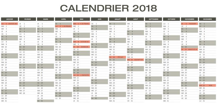 Calendrier 2018 Excel & Pdf À Télécharger Gratuitement dedans Calendrier 2018 À Télécharger Gratuit