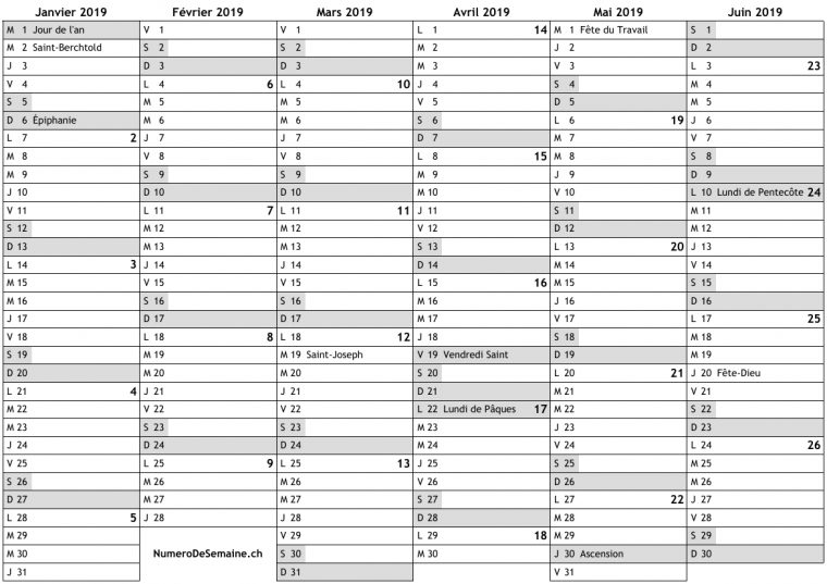 Calendrier 2019 Avec Jours Fériés En Suisse Et Numéro Des tout Calendrier De La Semaine À Imprimer