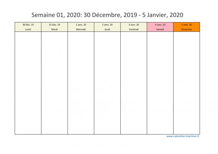 Calendrier 2020 Semaine (Planning, Hebdomadaire, Semainier) destiné Calendrier De La Semaine À Imprimer