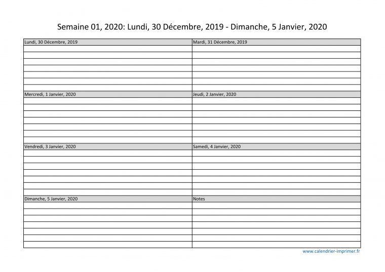 Calendrier 2020 Semaine (Planning, Hebdomadaire, Semainier) serapportantà Calendrier De La Semaine À Imprimer