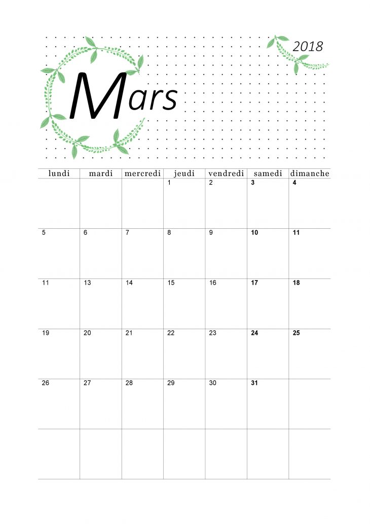 Calendrier De Mars 2018 – Portrait | Loisirs Créatifs encequiconcerne Calendrier Mars 2018 À Imprimer