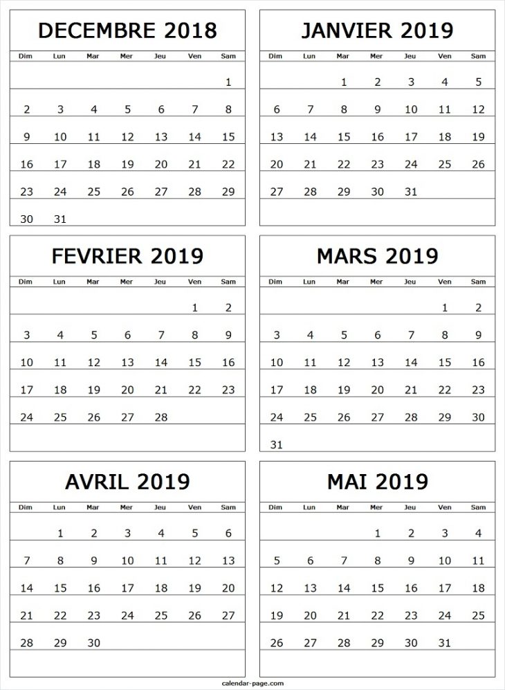 Calendrier Decembre 2018 A Mai 2019 | 6 Mensuel Calendrier À destiné Calendrier 2018 A Imprimer Par Mois