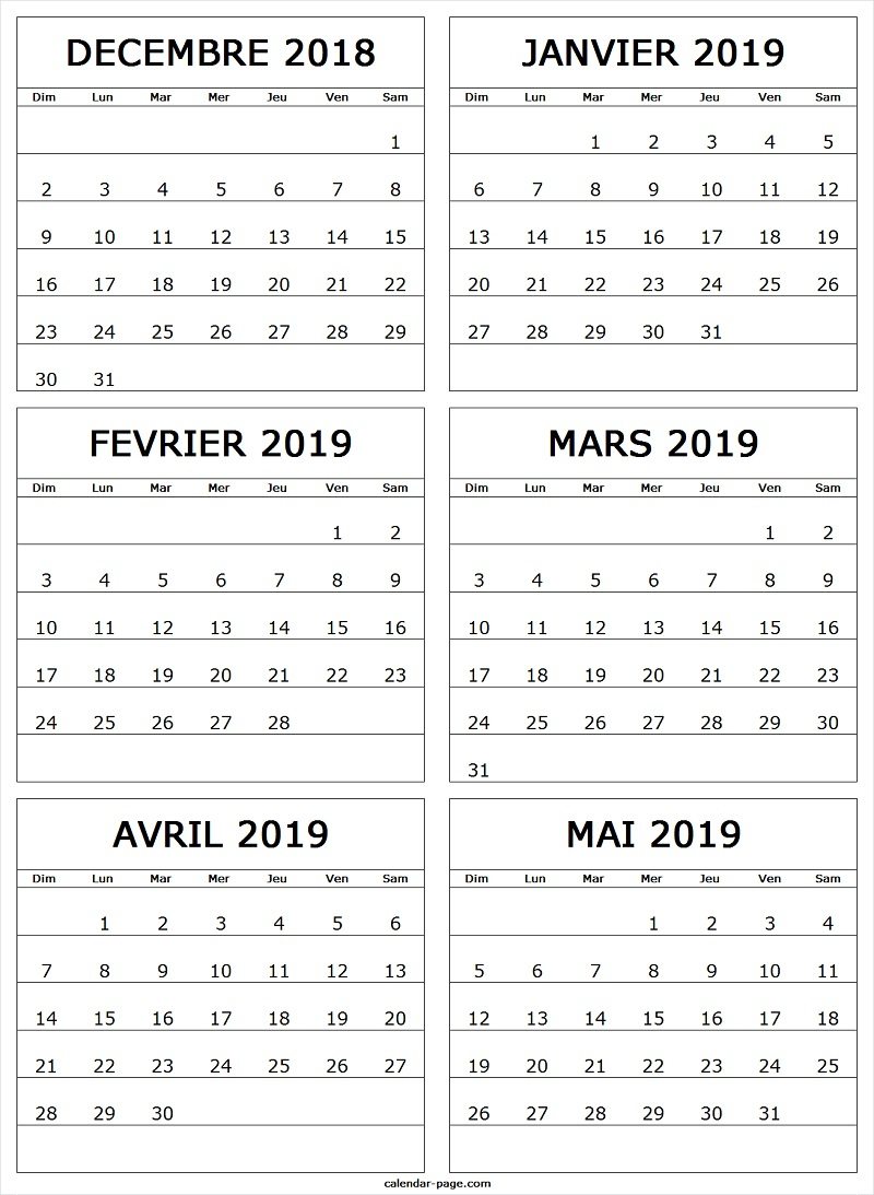 Calendrier Decembre 2018 A Mai 2019 | 6 Mensuel Calendrier À destiné Calendrier 2018 A Imprimer Par Mois