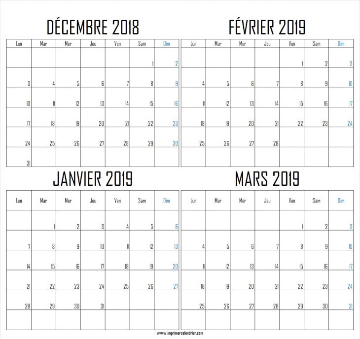 Calendrier Décembre 2018 À Mars 2019 À Imprimer | Imprimer concernant Calendrier A Imprimer 2018