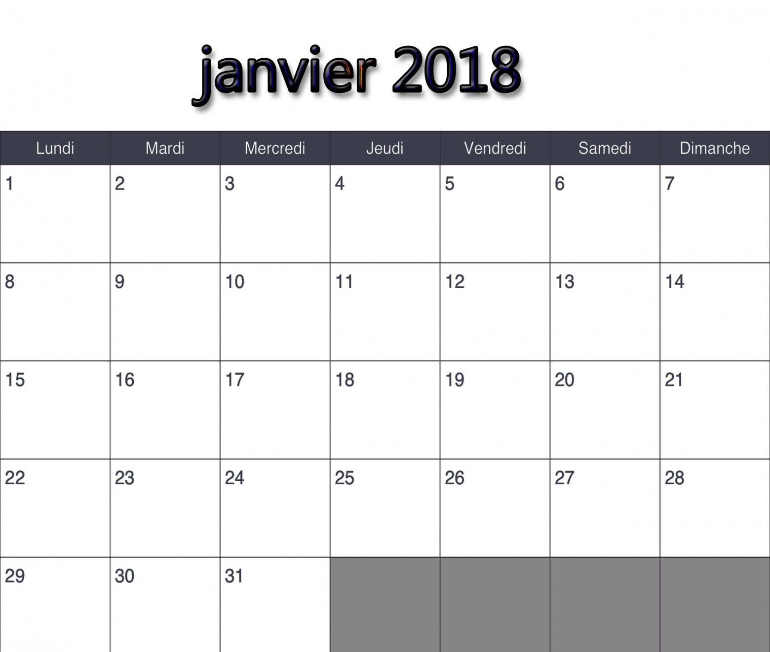 Calendrier Janvier 2018 – Calendrier Vierge À Imprimer à Calendrier A Imprimer 2018 