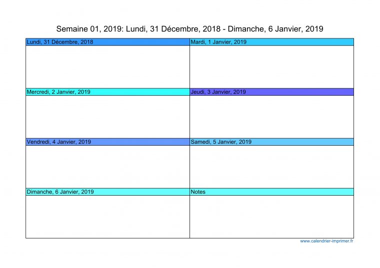 Calendrier Janvier 2019 A Imprimer serapportantà Calendrier De La Semaine À Imprimer