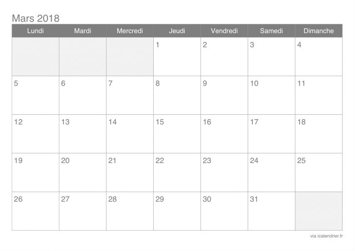 Calendrier Mars 2018 À Imprimer – Icalendrier serapportantà Calendrier Mars 2018 À Imprimer