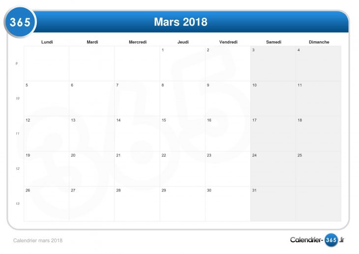 Calendrier Mars 2018 tout Calendrier Mars 2018 À Imprimer