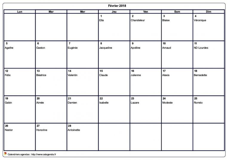 Calendrier Mensuel 2018 À Imprimer Vierge, Avec Les Fêtes encequiconcerne Agenda 2018 À Imprimer Gratuit