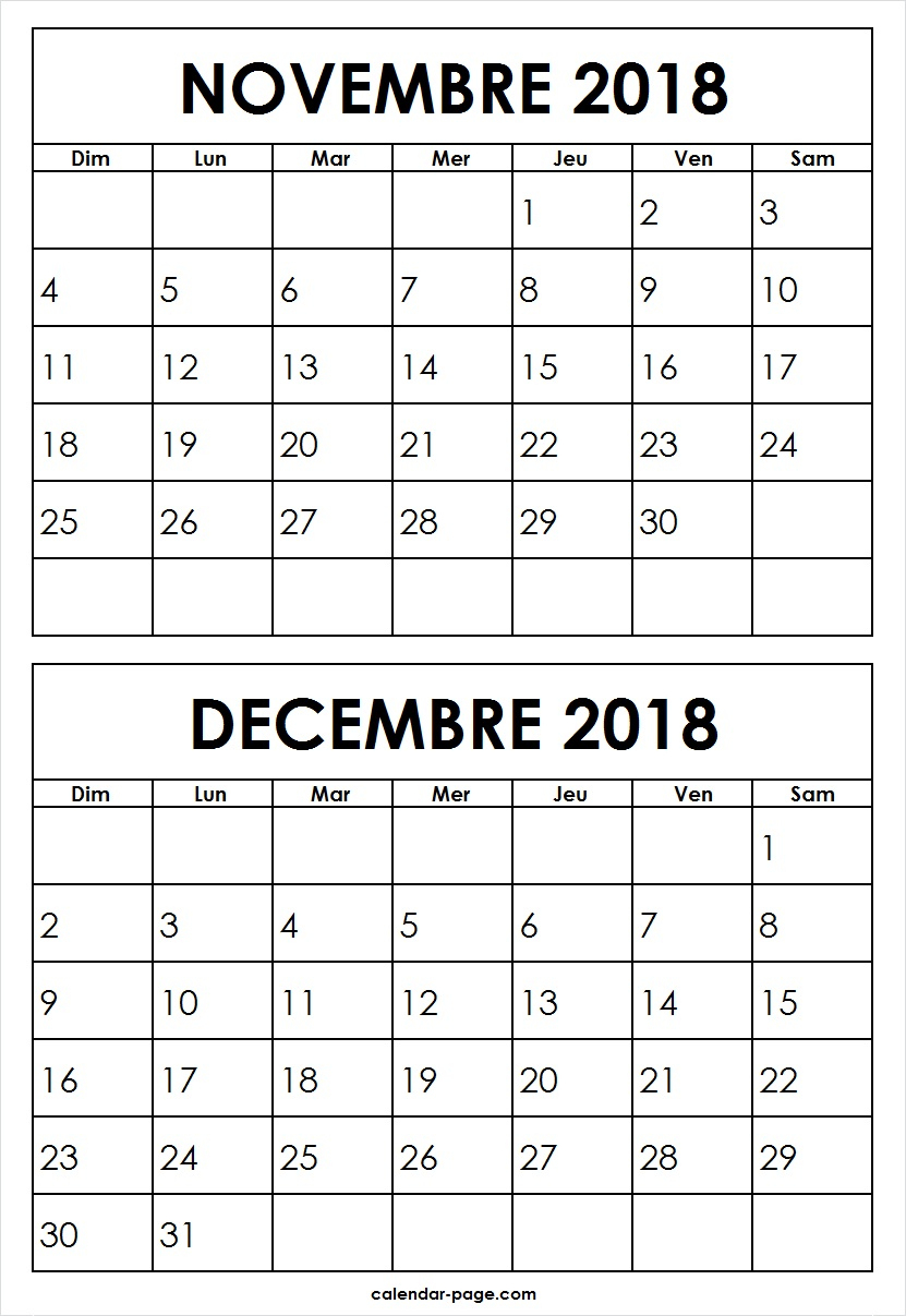 Calendrier Novembre Decembre 2018 A Imprimer | Mensuel destiné Calendrier A Imprimer 2018 