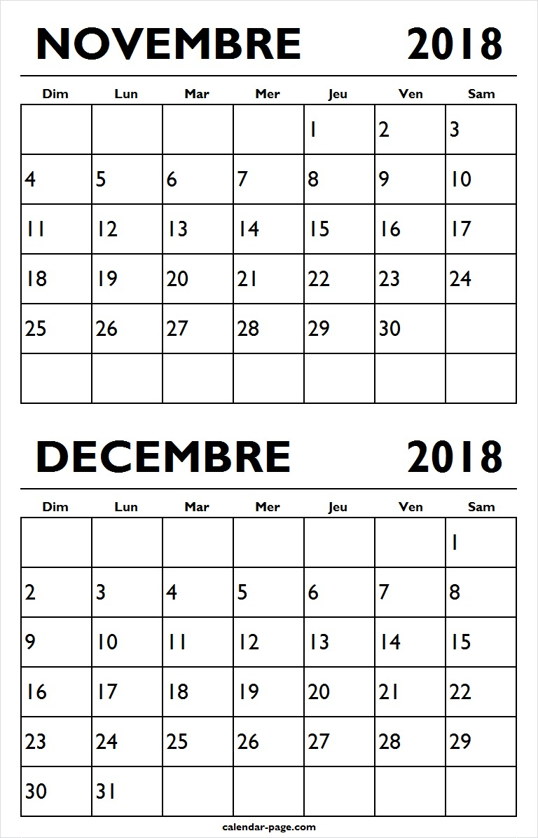 Calendrier Novembre Decembre 2018 A Imprimer | Mensuel encequiconcerne Calendrier A Imprimer 2018 