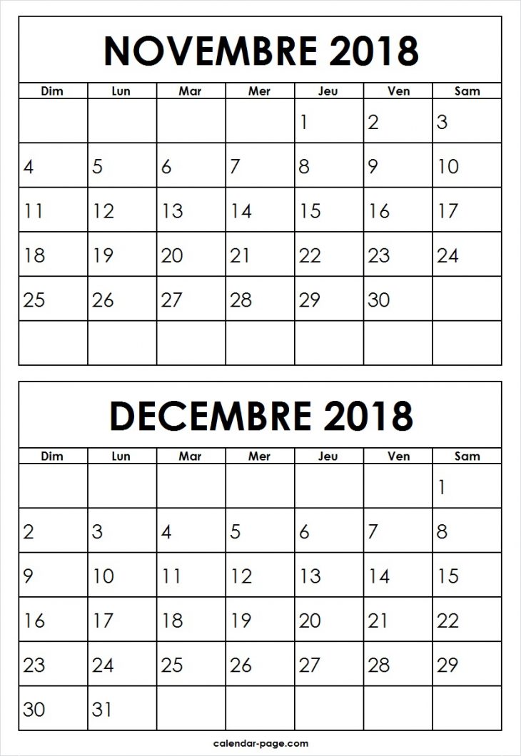 Calendrier Novembre Decembre 2018 A Imprimer | Mensuel intérieur Calendrier 2018 À Télécharger Gratuit