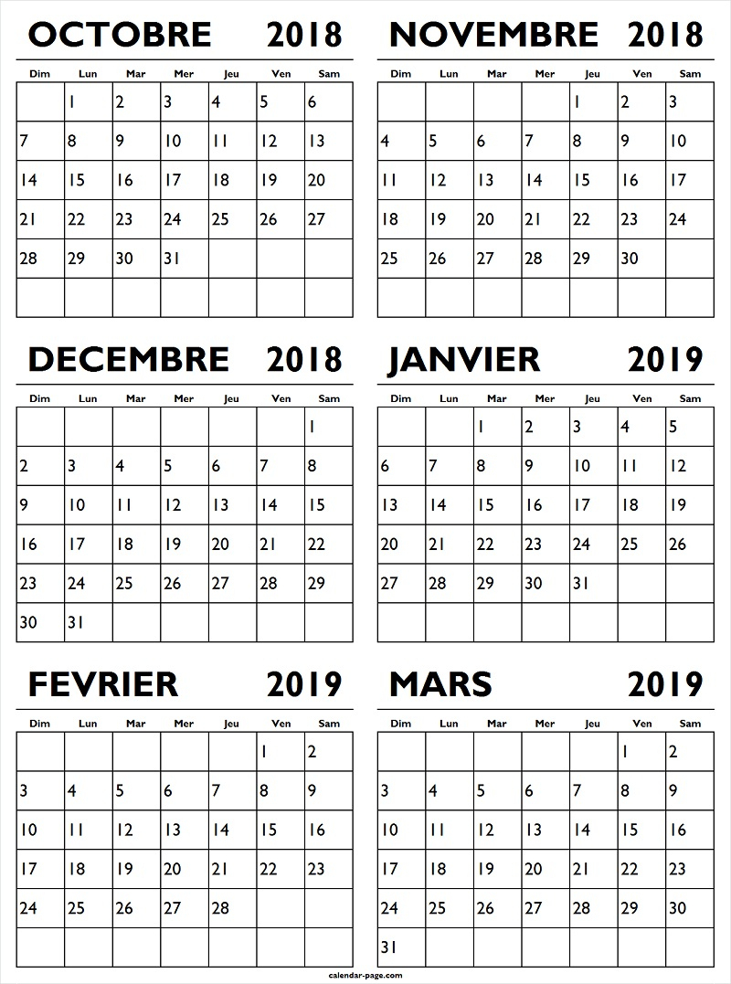 Calendrier Octobre 2018 A Mars 2019 | Calendrier Mensuel 2018 destiné Calendrier Mars 2018 À Imprimer