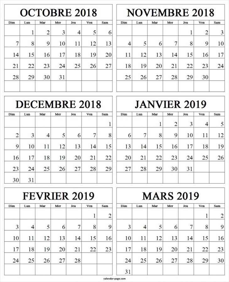 Calendrier Octobre 2018 A Mars 2019 | Calendrier Mensuel 2018 tout Calendrier Mars 2018 À Imprimer