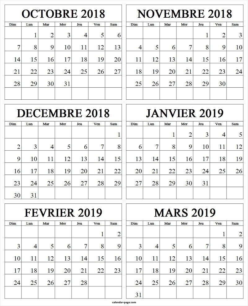 Calendrier Octobre 2018 A Mars 2019 | Calendrier Mensuel 2018 tout Calendrier Mars 2018 À Imprimer 
