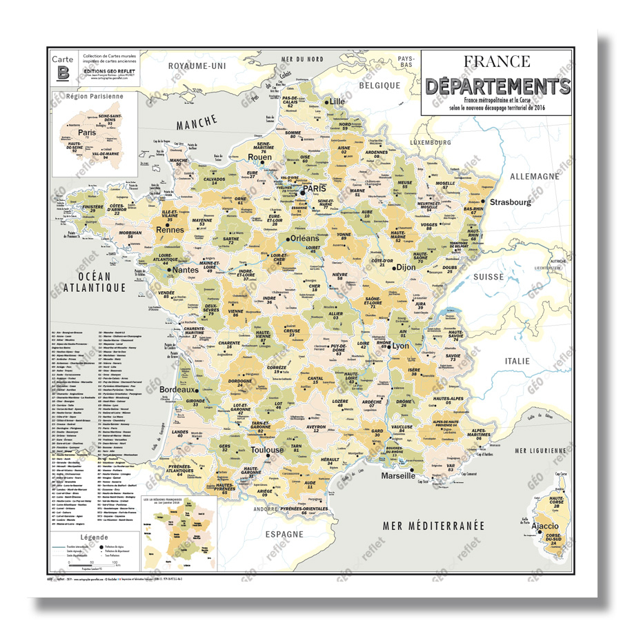 Carte De France Administrative Des Départements - Modèle Vintage - Affiche  100X100Cm dedans Carte De France Avec Villes Et Départements 