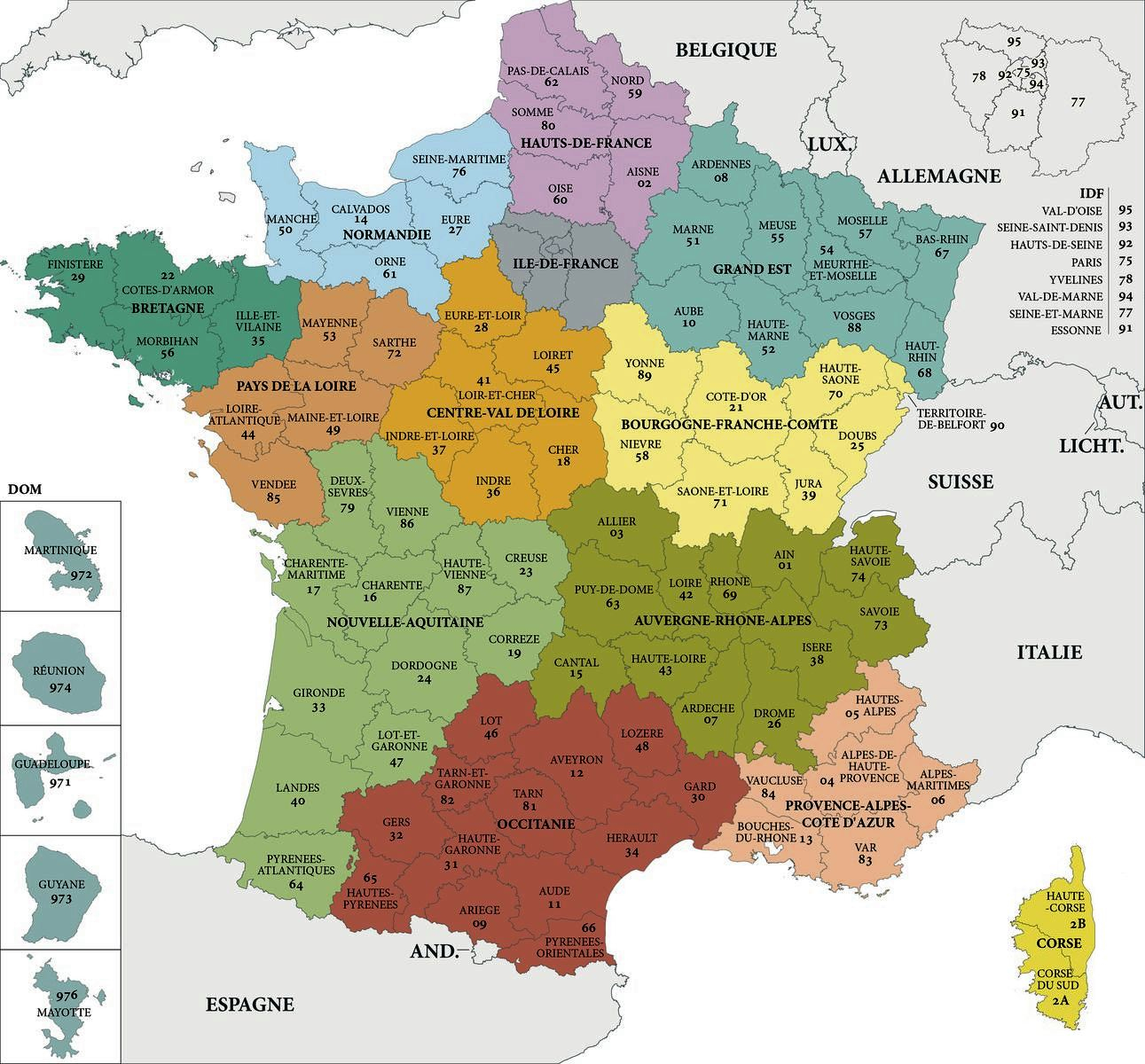 Carte De France Departements : Carte Des Départements De France dedans Les 22 Régions De France Métropolitaine 