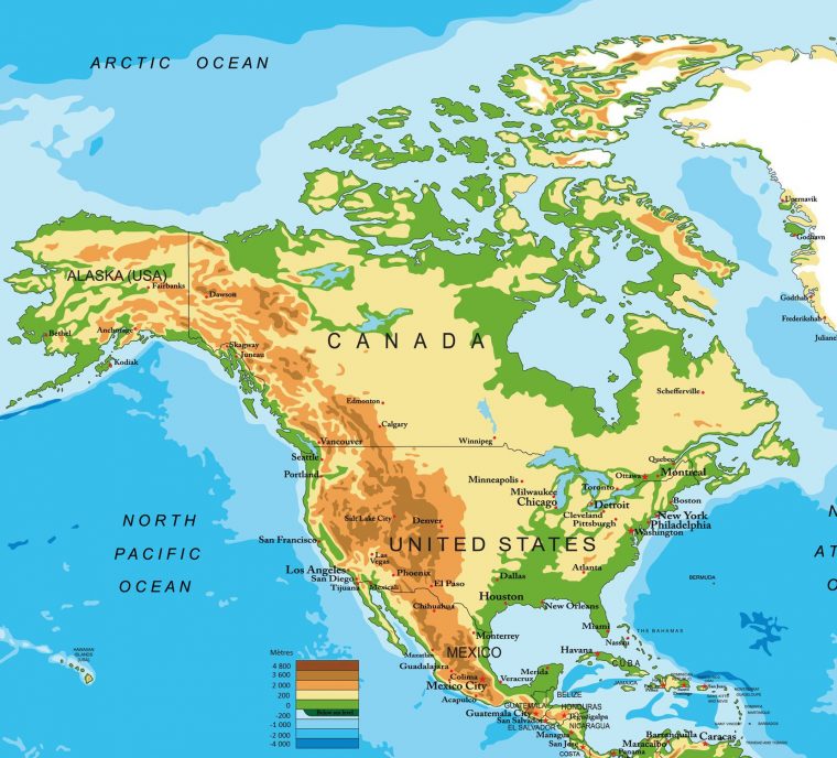 Carte De L'amérique Du Nord Et Centrale – Pays, Relief dedans Carte Du Monde Avec Continent