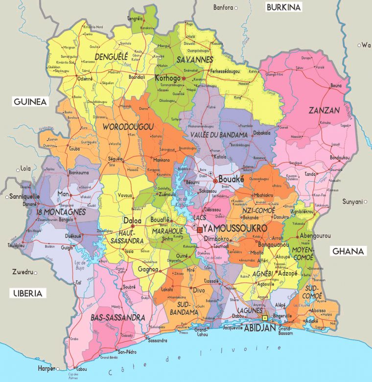 Carte Départements Côte D'ivoire, Carte Des Départements De tout Carte Des Départements Et Villes