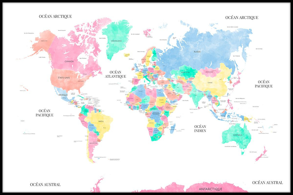 Carte Du Monde Color Pop, Décoration Murale Pour La Salle De intérieur Carte Du Monde Avec Capitales Et Pays 