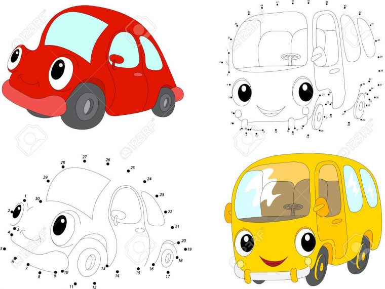 Cartoon Voiture Rouge Et Bus Jaune. Dot Dot Jeu Éducatif Pour Les Enfants.  Vector Illustration encequiconcerne Jeux De Voiture Rouge