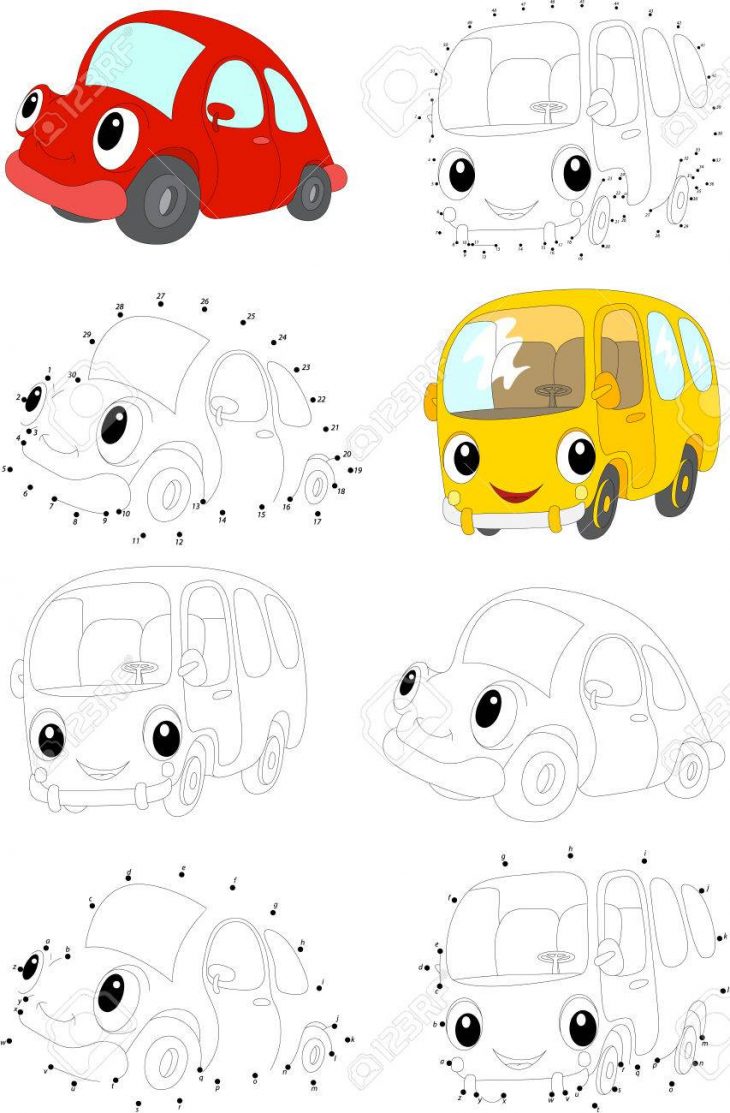 Cartoon Voiture Rouge Et Bus Jaune. Livre De Coloriage Et Point À Point Jeu  Éducatif Pour Les Enfants intérieur Le Jeu De La Voiture Jaune