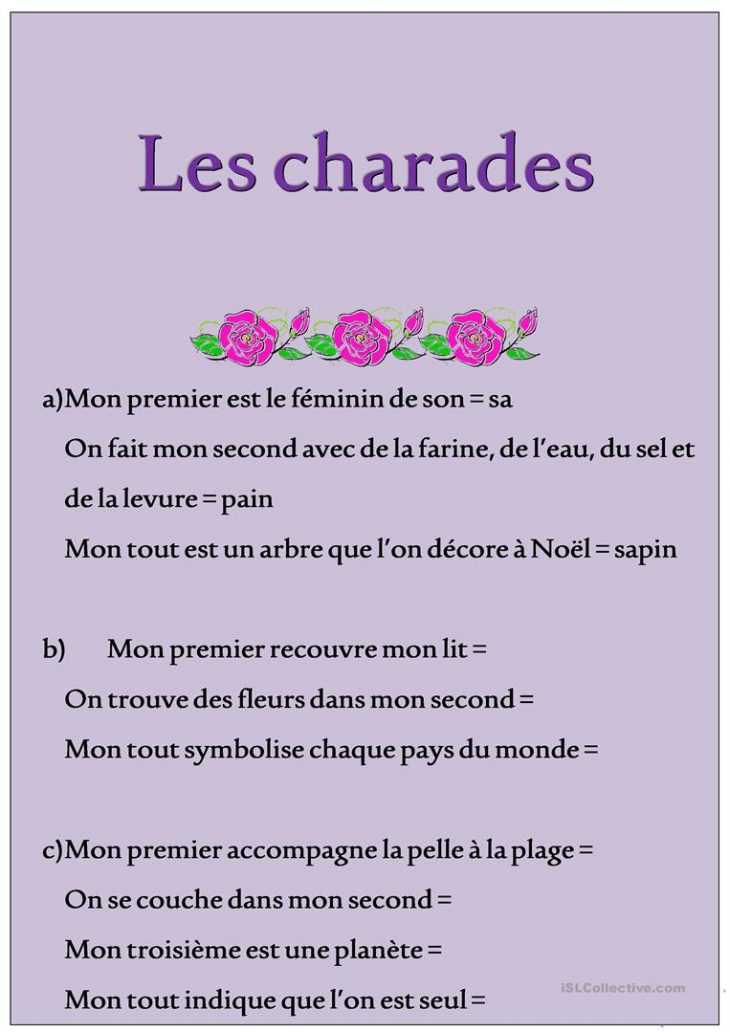 Charades – Français Fle Fiches Pedagogiques encequiconcerne Charade A Imprimer