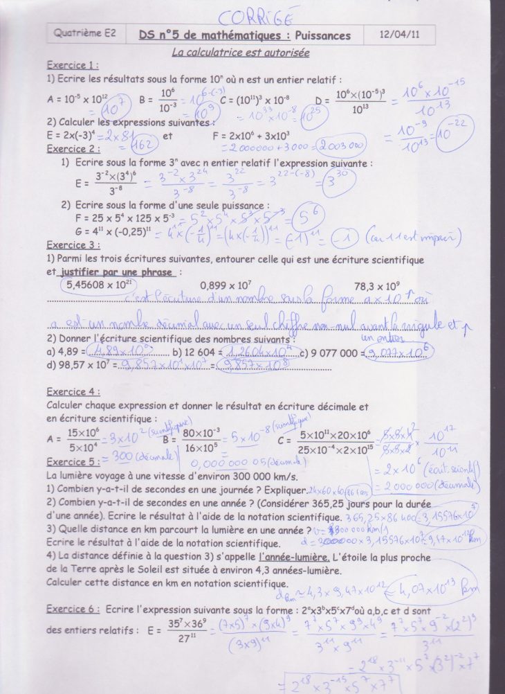 Classe De Quatrième concernant Exercice De Math Sur Les Puissances