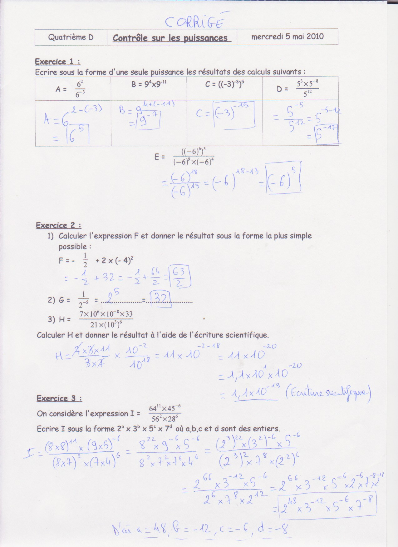 Classe De Quatrième tout Exercice De Math Sur Les Puissances 