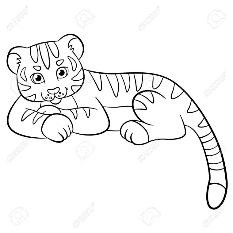 Coloriage. Animaux Sauvages. Petit Bébé Tigre Mignon Pose Et Sourit. serapportantà Coloriage Bébé Tigre