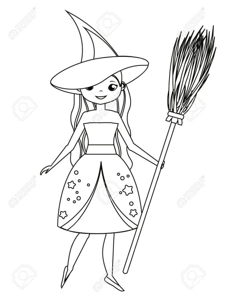 Coloriage Pour Les Enfants. Sorcière Mignonne Tenant Un Balai. Fille En  Costume D'halloween. Dessin De L'activité Des Enfants. Plaisir Imprimable. à Balai Coloriage