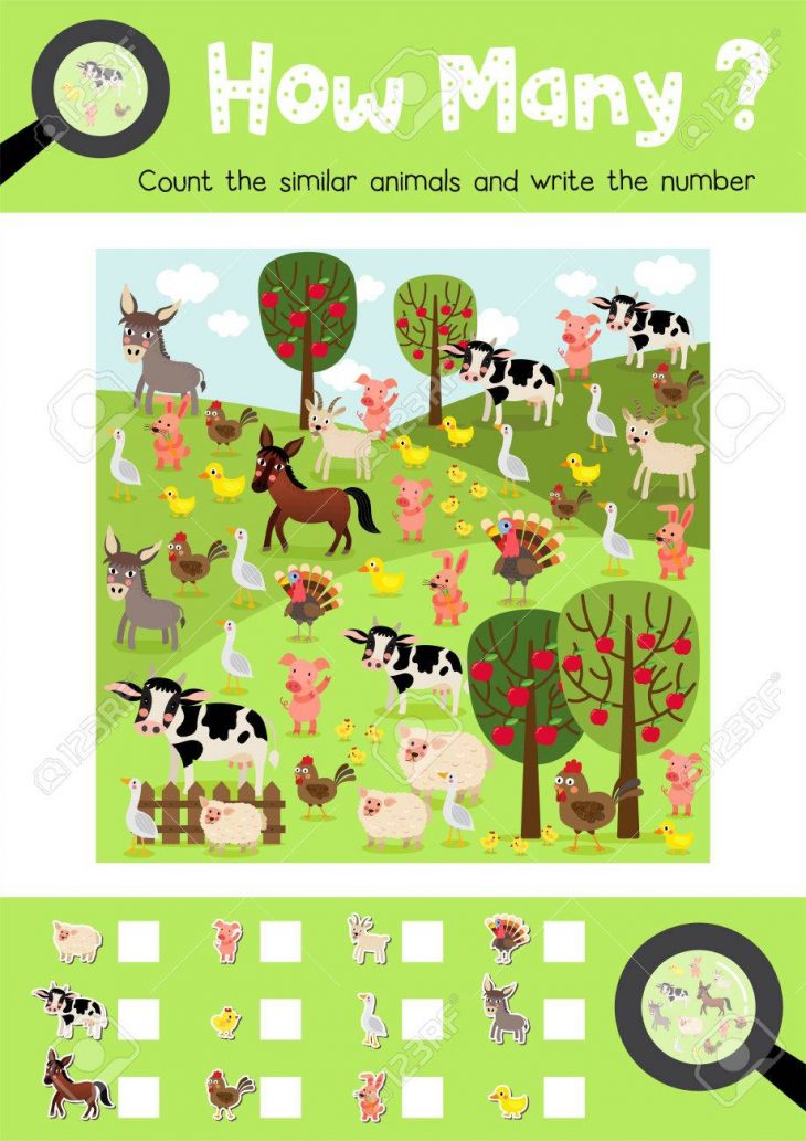 Compter Les Jeux D'animaux De Ferme Pour Les Enfants D'âge Préscolaire,  Plan D'activités En Version Imprimable Colorée A4. Illustration Vectorielle. intérieur Jeu Sur Les Animaux De La Ferme