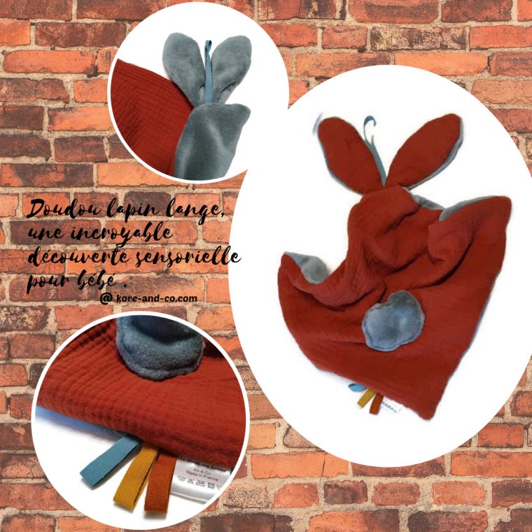 Deux Doudou Lapin Lange ,gris Et Brique. Multi Sensorielle En Tissus Oeko  Tex.originaux, Fait Mains. avec Brique Pour Bebe