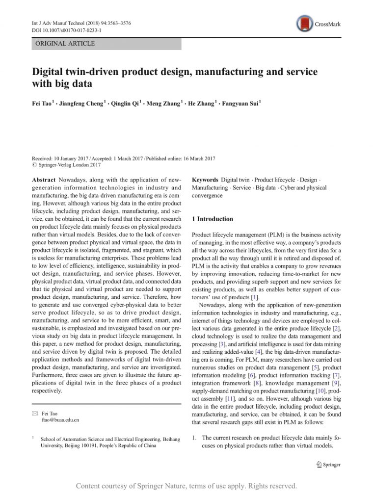 Digital Twin-Driven Product Design, Manufacturing And destiné Qi Devine Le Mot