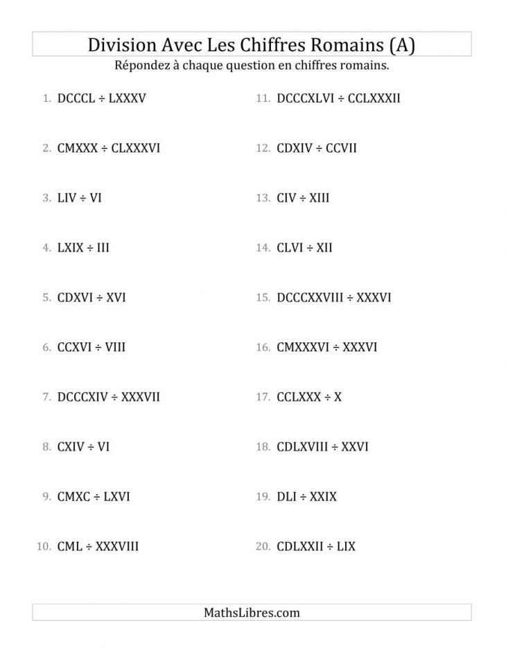 Division Avec Les Chiffres Romains (Jusqu'à M) (A) destiné Apprendre Les Chiffres Romains