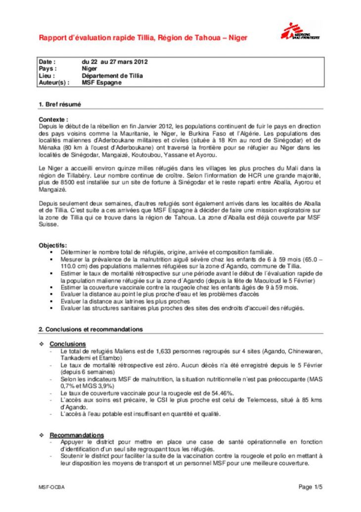 Document – Rapport D'évaluation Rapide Tillia, Région De encequiconcerne Departement 22 Region