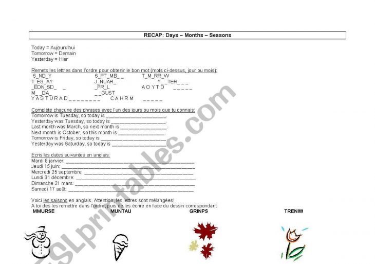 English Worksheets: Months And Seasons- Recap Sheet tout Mot Avec Lettres Mélangées