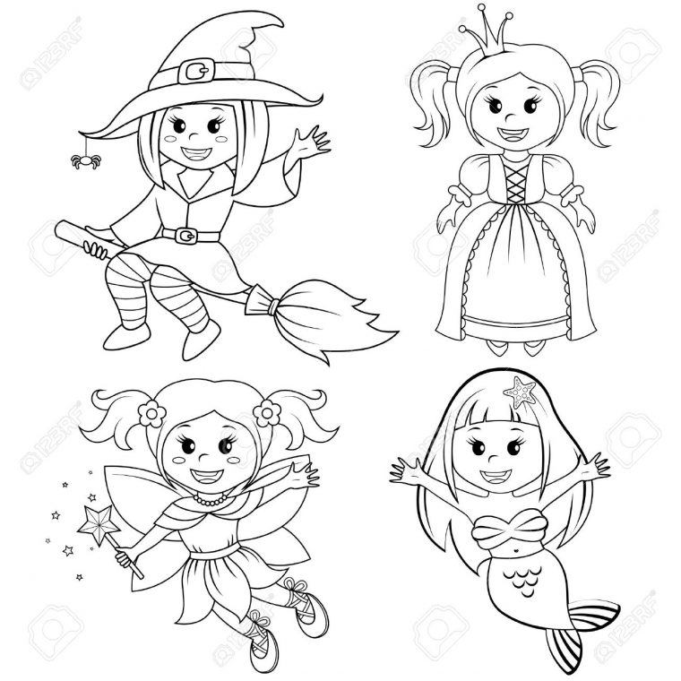 Ensemble De Jolies Filles De Conte De Fées. Sorcière De Halloween, Sirène,  Princesse Et Fée. Illustration Vectorielle En Noir Et Blanc Pour Le Livre À intérieur Coloriage Princesse Sirene