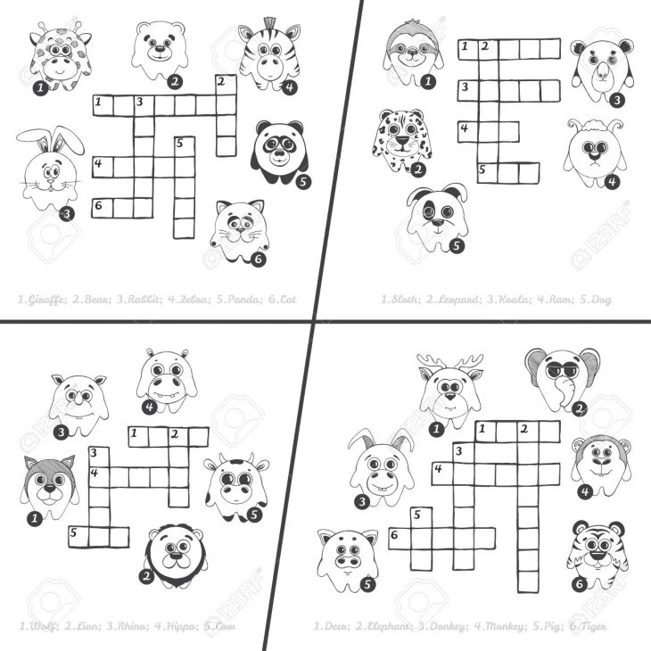 Ensemble De Quatre Différents Mots Croisés .. Jeu D'éducation Pour Les  Enfants Avec Différents Animaux. Illustration Vectorielle Dans Le Style De à Jeux Quatre Image Pour Un Mot