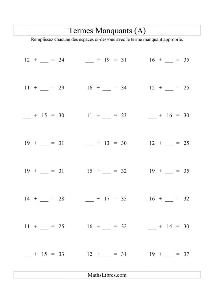 Équations Avec Termes Manquants (Espaces Blancs) — Addition concernant Exercice De Math A Imprimer