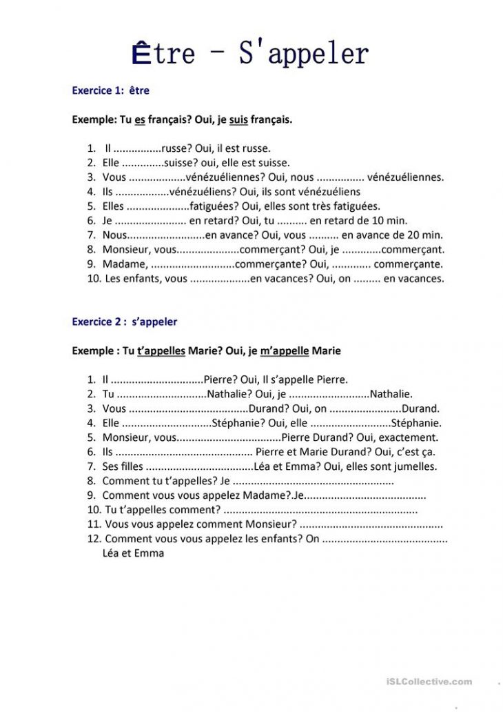 Etre Et S'appeler Au Présent : Exercices – Français Fle concernant Exercice Francais Facile