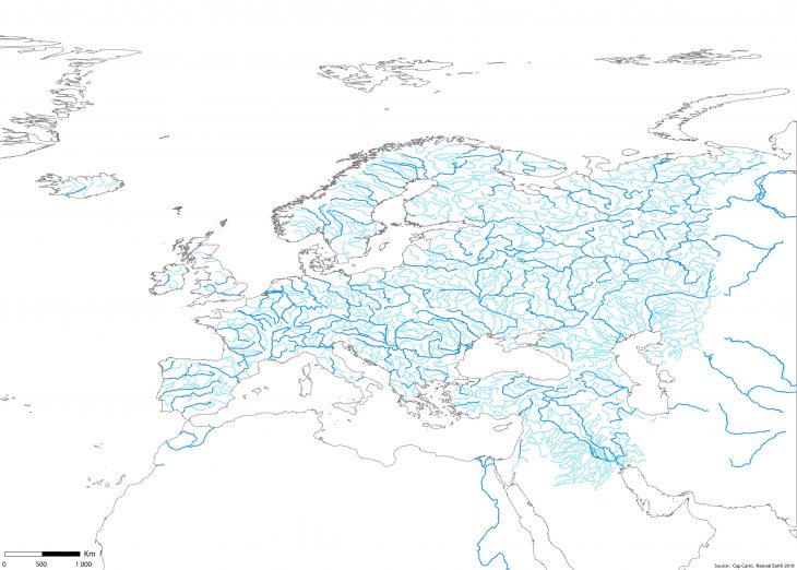 Europe-Fleuves-Rivieres-Echelle-Wgs84-Couleur-Vierge – Cap Carto encequiconcerne Carte Fleuve Europe Vierge