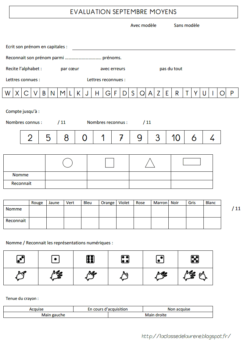 Evaluation Septembre - Laclassedelaurene.pdf encequiconcerne Cours Moyenne Section Maternelle