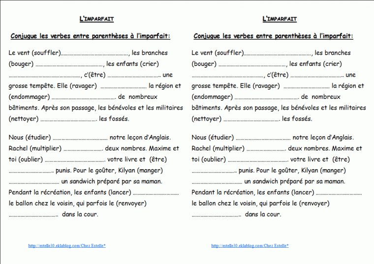 Exercice Entraînement Imparfait – Chez Estelle* tout Exercice Cm1 Conjugaison À Imprimer