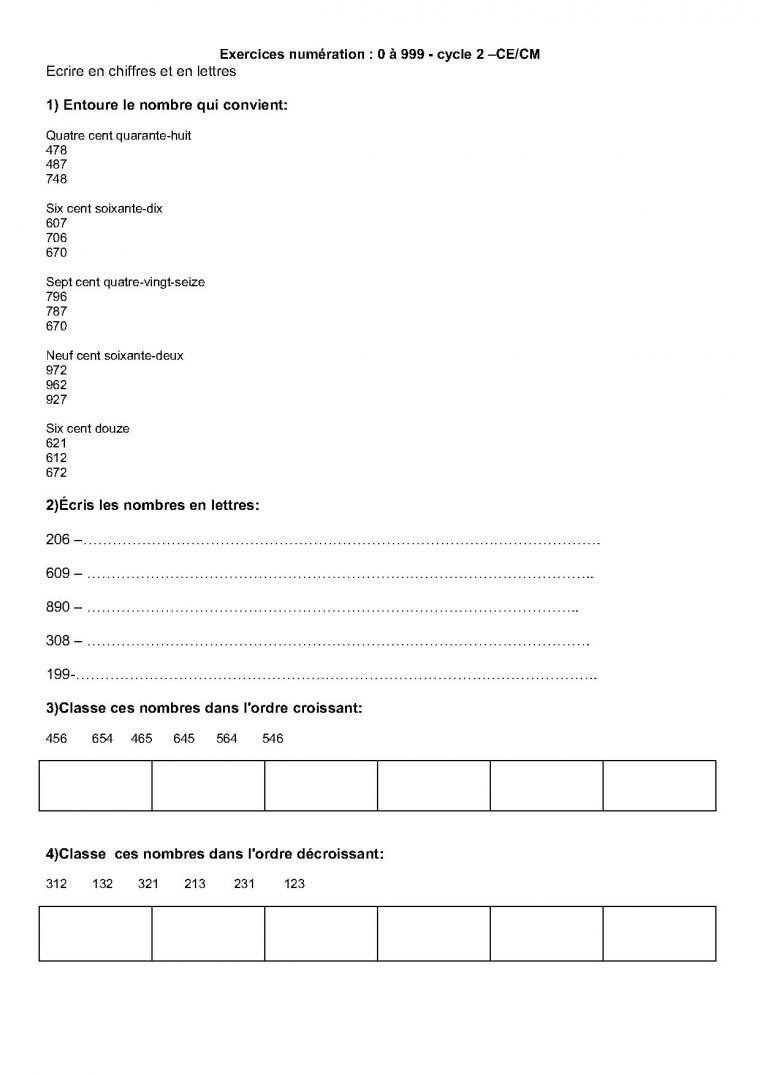 Exercices Les Nombres De 0 À 999,ce1,ce2, En Lettres,en dedans Exercice De Ce2 En Ligne